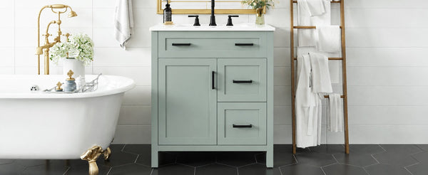 English Elm Video 30 Inch Sage Green Bathroom Vanity Solid Wood Frame Ceramic Sink Soft Close Storage N729P338555S