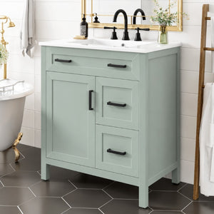 English Elm Video 30 Inch Sage Green Bathroom Vanity Solid Wood Frame Ceramic Sink Soft Close Storage N729P338555S