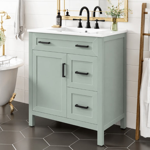 English Elm Video 30 Inch Sage Green Bathroom Vanity Solid Wood Frame Ceramic Sink Soft Close Storage N729P338555S