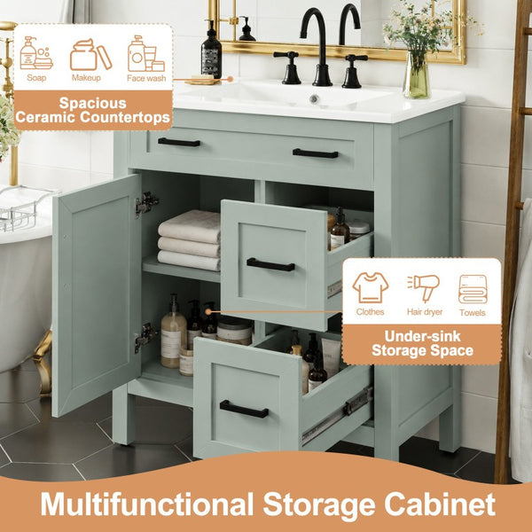 English Elm Video 30 Inch Sage Green Bathroom Vanity Solid Wood Frame Ceramic Sink Soft Close Storage N729P338555S