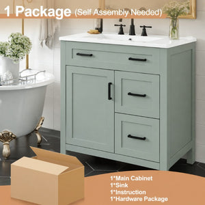 English Elm Video 30 Inch Sage Green Bathroom Vanity Solid Wood Frame Ceramic Sink Soft Close Storage N729P338555S