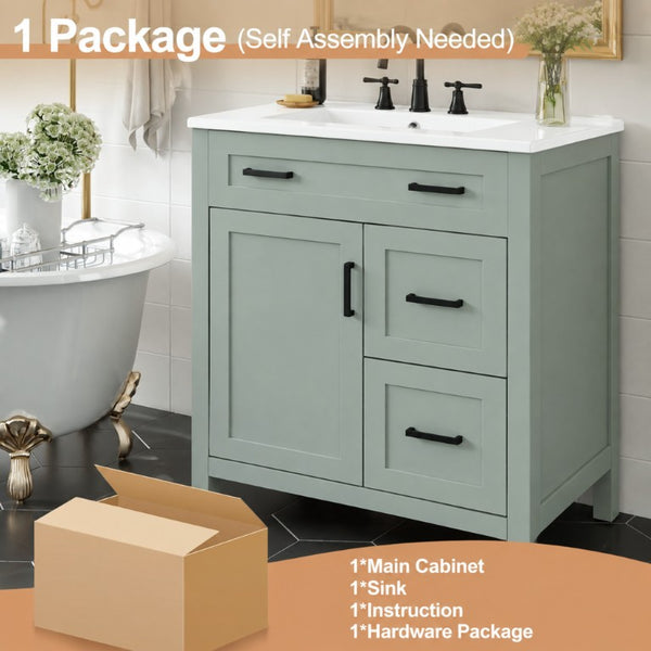 English Elm Video 30 Inch Sage Green Bathroom Vanity Solid Wood Frame Ceramic Sink Soft Close Storage N729P338555S