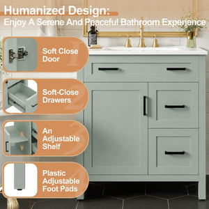English Elm Video 30 Inch Sage Green Bathroom Vanity Solid Wood Frame Ceramic Sink Soft Close Storage N729P338555S