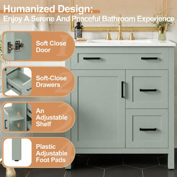English Elm Video 30 Inch Sage Green Bathroom Vanity Solid Wood Frame Ceramic Sink Soft Close Storage N729P338555S