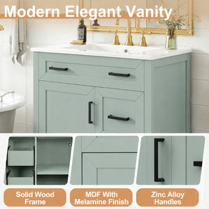 English Elm Video 30 Inch Sage Green Bathroom Vanity Solid Wood Frame Ceramic Sink Soft Close Storage N729P338555S