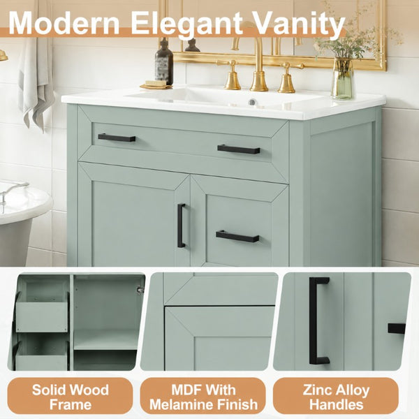 English Elm Video 30 Inch Sage Green Bathroom Vanity Solid Wood Frame Ceramic Sink Soft Close Storage N729P338555S