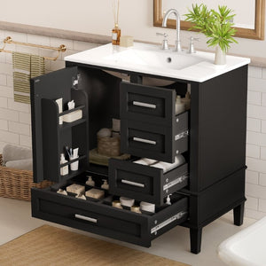 English Elm 30 Inch Freestanding Bathroom Vanity Solid Wood Frame Ceramic Sink Soft Close Storage Black N729P370363B