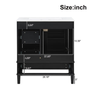 English Elm 30 Inch Freestanding Bathroom Vanity Solid Wood Frame Ceramic Sink Soft Close Storage Black N729P370363B