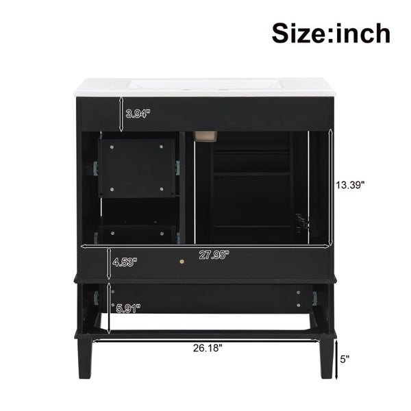 English Elm 30 Inch Freestanding Bathroom Vanity Solid Wood Frame Ceramic Sink Soft Close Storage Black N729P370363B