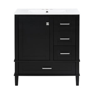 English Elm 30 Inch Freestanding Bathroom Vanity Solid Wood Frame Ceramic Sink Soft Close Storage Black N729P370363B