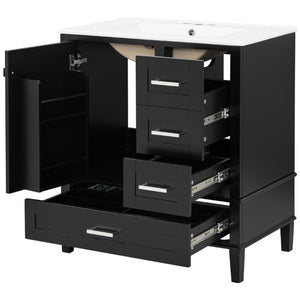 English Elm 30 Inch Freestanding Bathroom Vanity Solid Wood Frame Ceramic Sink Soft Close Storage Black N729P370363B