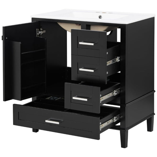 English Elm 30 Inch Freestanding Bathroom Vanity Solid Wood Frame Ceramic Sink Soft Close Storage Black N729P370363B