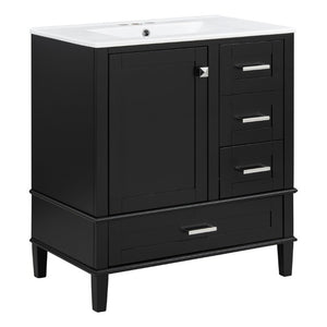 English Elm 30 Inch Freestanding Bathroom Vanity Solid Wood Frame Ceramic Sink Soft Close Storage Black N729P370363B
