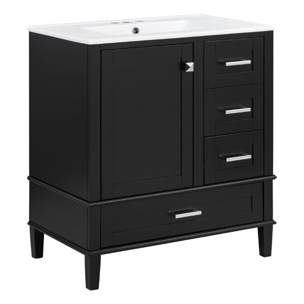 English Elm 30 Inch Freestanding Bathroom Vanity Solid Wood Frame Ceramic Sink Soft Close Storage Black N729P370363B