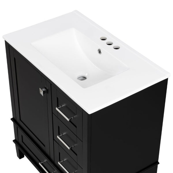 English Elm 30 Inch Freestanding Bathroom Vanity Solid Wood Frame Ceramic Sink Soft Close Storage Black N729P370363B