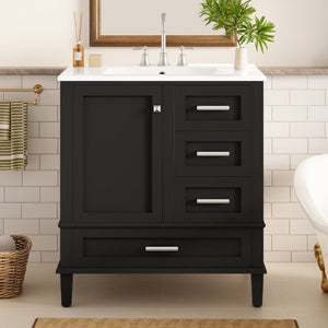 English Elm 30 Inch Freestanding Bathroom Vanity Solid Wood Frame Ceramic Sink Soft Close Storage Black N729P370363B