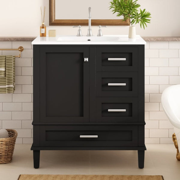 English Elm 30 Inch Freestanding Bathroom Vanity Solid Wood Frame Ceramic Sink Soft Close Storage Black N729P370363B