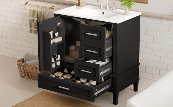 English Elm 30 Inch Freestanding Bathroom Vanity Solid Wood Frame Ceramic Sink Soft Close Storage Black N729P370363B