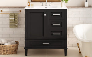 English Elm 30 Inch Freestanding Bathroom Vanity Solid Wood Frame Ceramic Sink Soft Close Storage Black N729P370363B