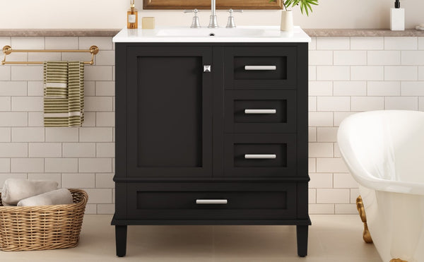 English Elm 30 Inch Freestanding Bathroom Vanity Solid Wood Frame Ceramic Sink Soft Close Storage Black N729P370363B