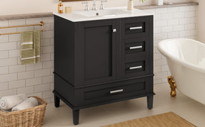 English Elm 30 Inch Freestanding Bathroom Vanity Solid Wood Frame Ceramic Sink Soft Close Storage Black N729P370363B