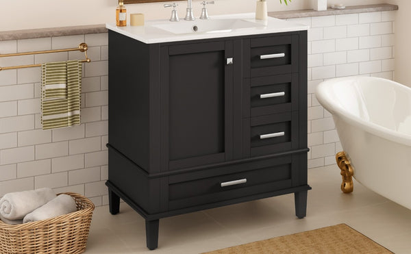 English Elm 30 Inch Freestanding Bathroom Vanity Solid Wood Frame Ceramic Sink Soft Close Storage Black N729P370363B