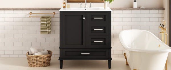 English Elm 30 Inch Freestanding Bathroom Vanity Solid Wood Frame Ceramic Sink Soft Close Storage Black N729P370363B