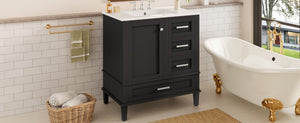 English Elm 30 Inch Freestanding Bathroom Vanity Solid Wood Frame Ceramic Sink Soft Close Storage Black N729P370363B