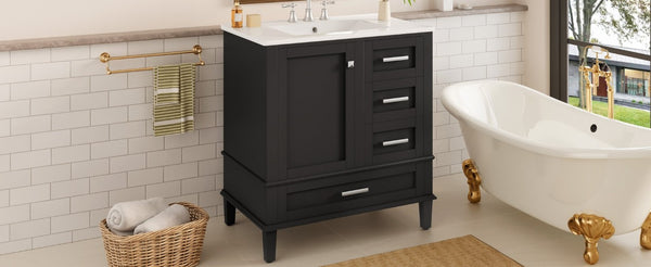 English Elm 30 Inch Freestanding Bathroom Vanity Solid Wood Frame Ceramic Sink Soft Close Storage Black N729P370363B
