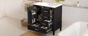 English Elm 30 Inch Freestanding Bathroom Vanity Solid Wood Frame Ceramic Sink Soft Close Storage Black N729P370363B