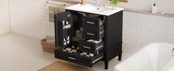 English Elm 30 Inch Freestanding Bathroom Vanity Solid Wood Frame Ceramic Sink Soft Close Storage Black N729P370363B