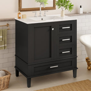 English Elm 30 Inch Freestanding Bathroom Vanity Solid Wood Frame Ceramic Sink Soft Close Storage Black N729P370363B