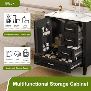 English Elm 30 Inch Freestanding Bathroom Vanity Solid Wood Frame Ceramic Sink Soft Close Storage Black N729P370363B