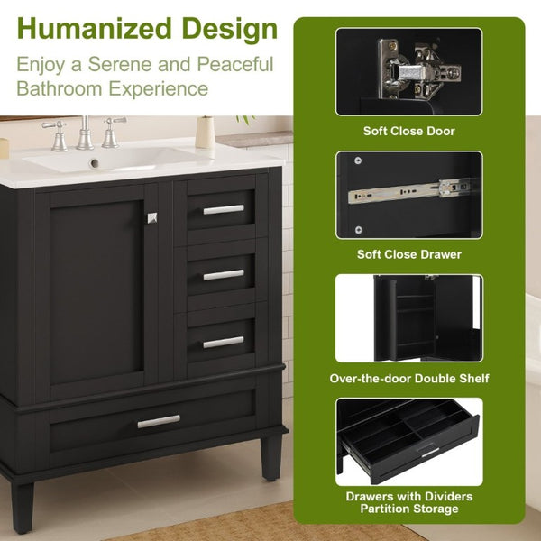 English Elm 30 Inch Freestanding Bathroom Vanity Solid Wood Frame Ceramic Sink Soft Close Storage Black N729P370363B