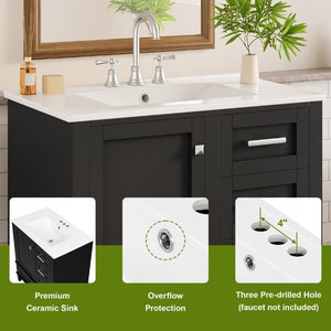 English Elm 30 Inch Freestanding Bathroom Vanity Solid Wood Frame Ceramic Sink Soft Close Storage Black N729P370363B