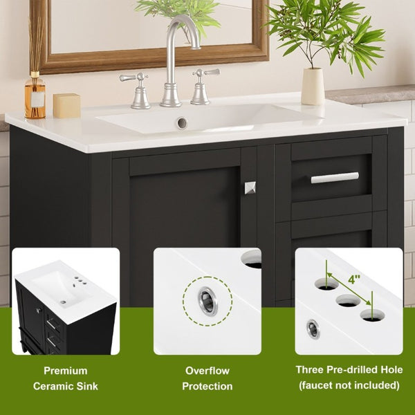 English Elm 30 Inch Freestanding Bathroom Vanity Solid Wood Frame Ceramic Sink Soft Close Storage Black N729P370363B