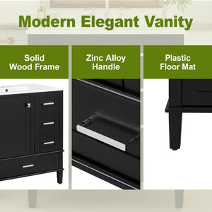 English Elm 30 Inch Freestanding Bathroom Vanity Solid Wood Frame Ceramic Sink Soft Close Storage Black N729P370363B