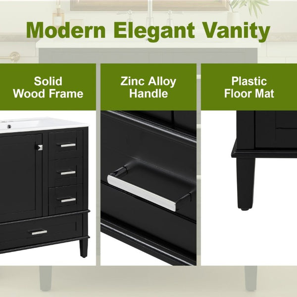 English Elm 30 Inch Freestanding Bathroom Vanity Solid Wood Frame Ceramic Sink Soft Close Storage Black N729P370363B
