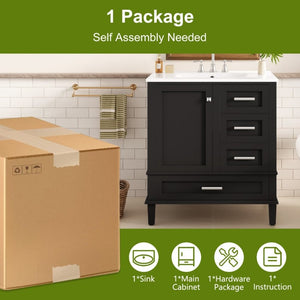 English Elm 30 Inch Freestanding Bathroom Vanity Solid Wood Frame Ceramic Sink Soft Close Storage Black N729P370363B