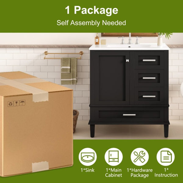 English Elm 30 Inch Freestanding Bathroom Vanity Solid Wood Frame Ceramic Sink Soft Close Storage Black N729P370363B
