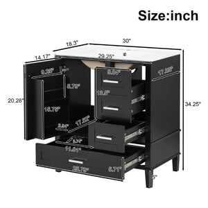 English Elm 30 Inch Freestanding Bathroom Vanity Solid Wood Frame Ceramic Sink Soft Close Storage Black N729P370363B