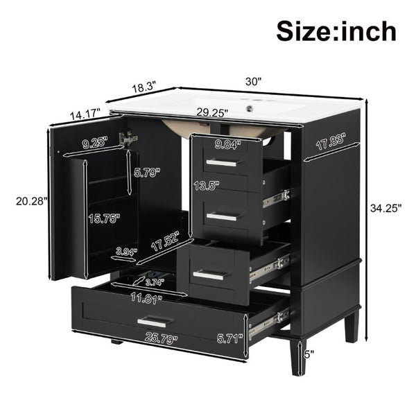 English Elm 30 Inch Freestanding Bathroom Vanity Solid Wood Frame Ceramic Sink Soft Close Storage Black N729P370363B