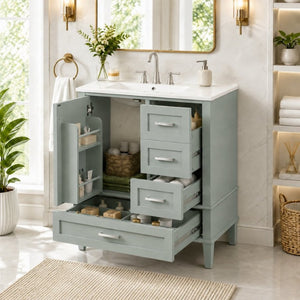 English Elm 30 Inch Bathroom Vanity with Undermount Sink Solid Wood Frame Soft Close Storage N729P370363F