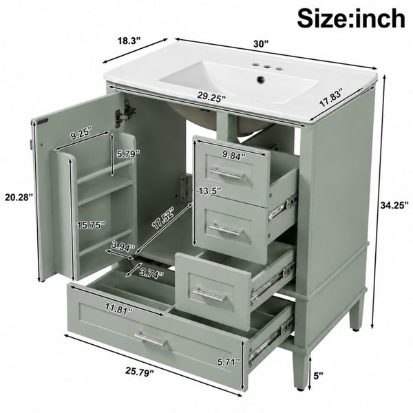 English Elm 30 Inch Bathroom Vanity with Undermount Sink Solid Wood Frame Soft Close Storage N729P370363F