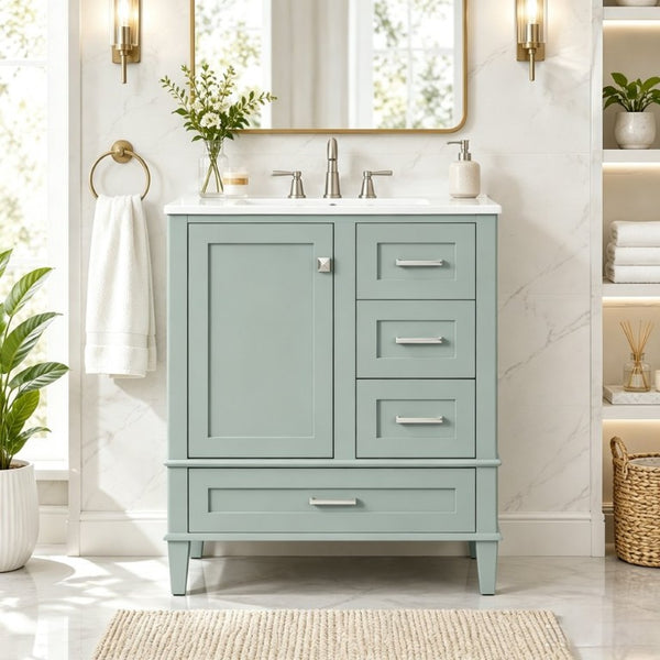 English Elm 30 Inch Bathroom Vanity with Undermount Sink Solid Wood Frame Soft Close Storage N729P370363F