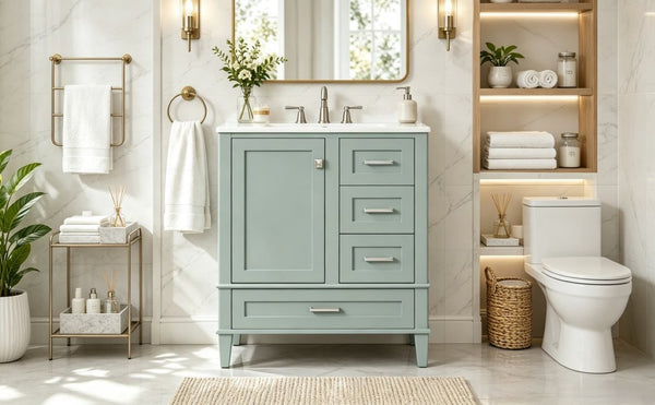 English Elm 30 Inch Bathroom Vanity with Undermount Sink Solid Wood Frame Soft Close Storage N729P370363F