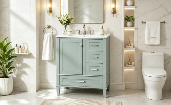 English Elm 30 Inch Bathroom Vanity with Undermount Sink Solid Wood Frame Soft Close Storage N729P370363F
