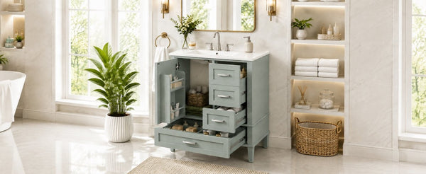 English Elm 30 Inch Bathroom Vanity with Undermount Sink Solid Wood Frame Soft Close Storage N729P370363F