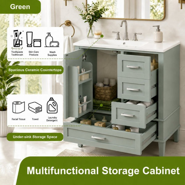 English Elm 30 Inch Bathroom Vanity with Undermount Sink Solid Wood Frame Soft Close Storage N729P370363F