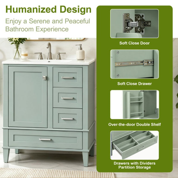 English Elm 30 Inch Bathroom Vanity with Undermount Sink Solid Wood Frame Soft Close Storage N729P370363F